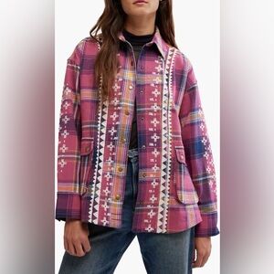 Free People We The Free Nordic Chill Pink Plaid Cotton Jacket Shirt M